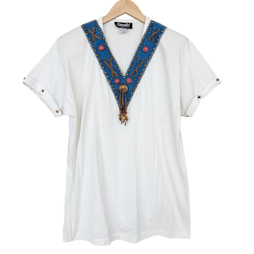 Vintage Gepetto White Beaded T Shirt Sz L